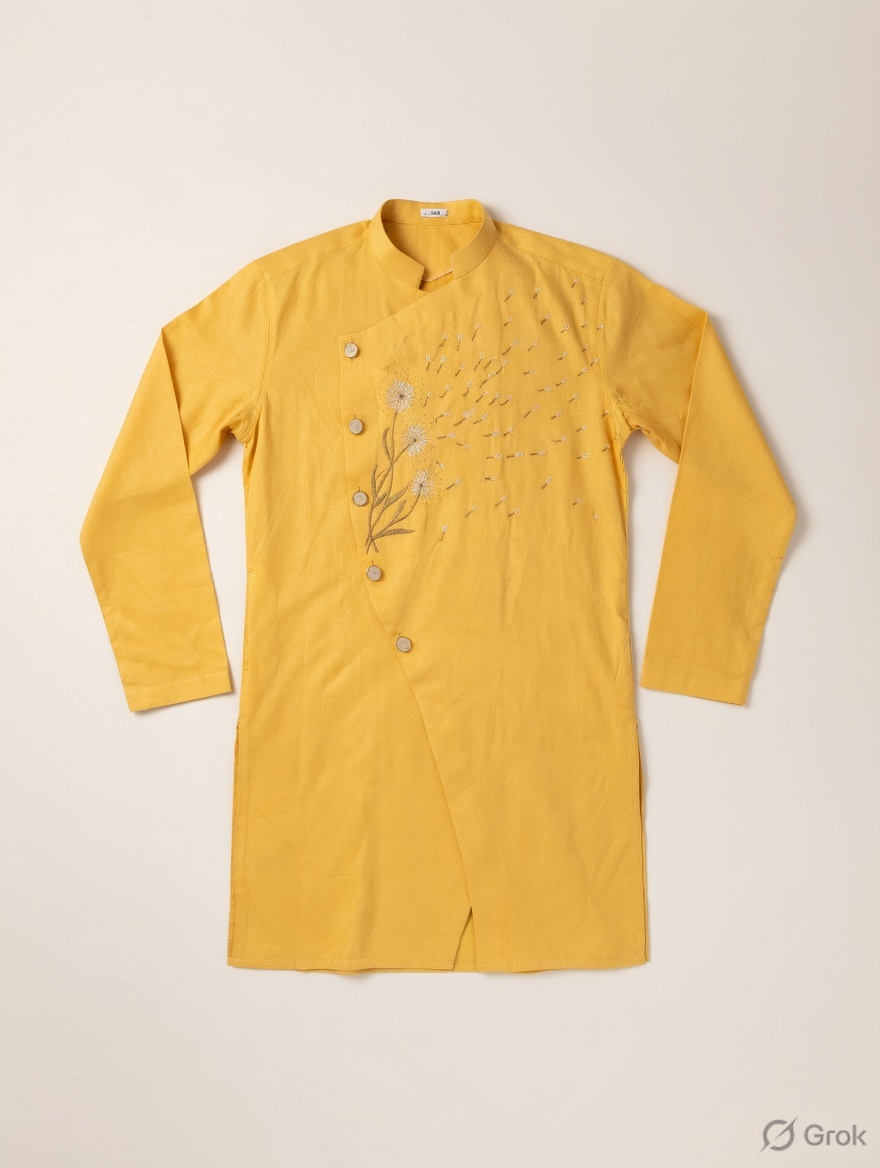 Yellow Dandelions Embroidered Silk Kurta - cloth image 1